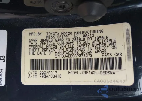 2012 Toyota Corolla S из США, поврежденный, VIN 5YFBU4EE9CP073273